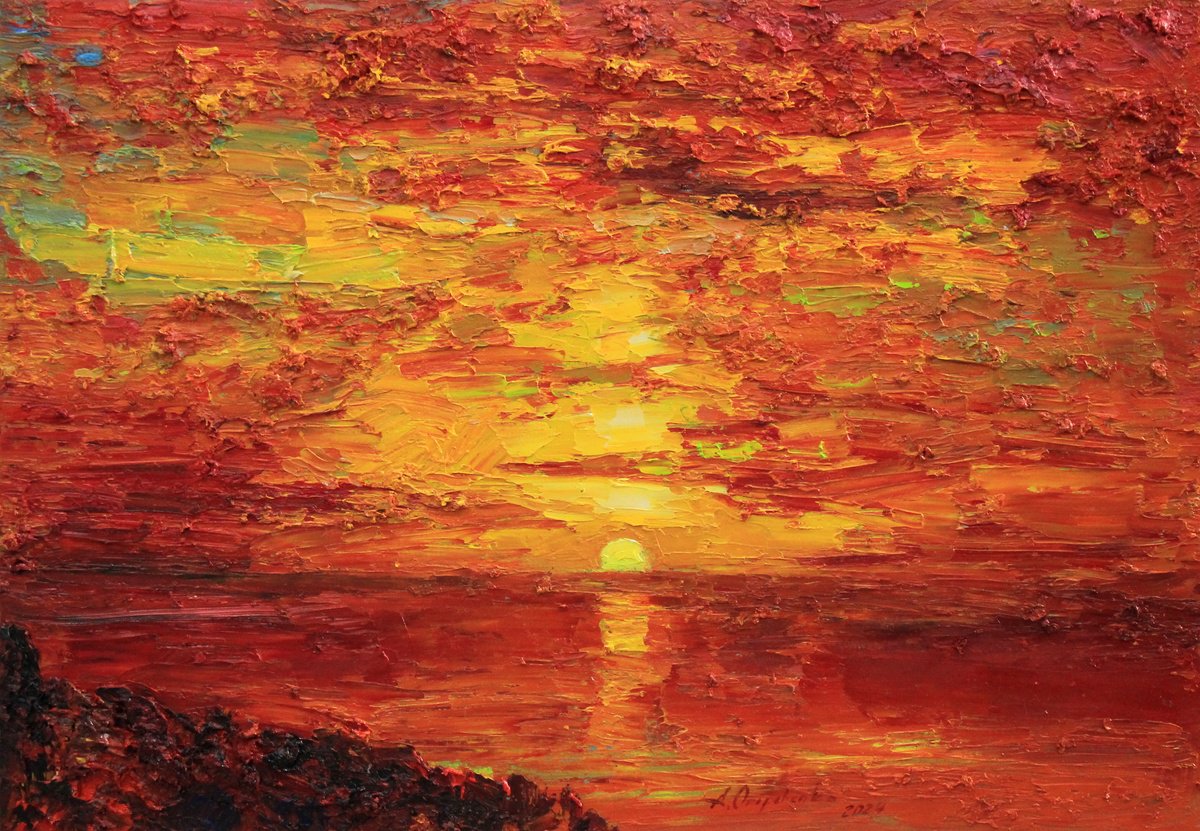 Impressionistic Landscape Oil Painting By Alisa Onipchenko-Cherniakovska, 20 X 14, Red Colors Of Sunset By Sea, Artfinder