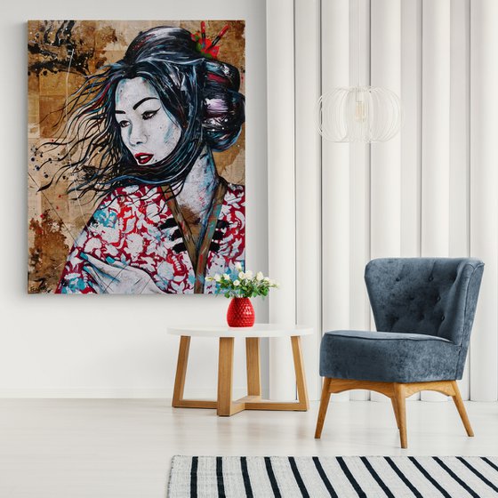 Cherry Aqua 120cm x 150cm Japanese Geisha Book Page Urban Pop Art