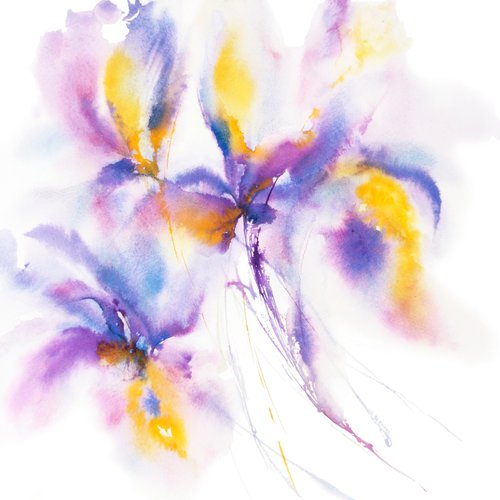 Irises bouquet, small watercolor floral painting "Montenegrin irises" by Olga Grigo