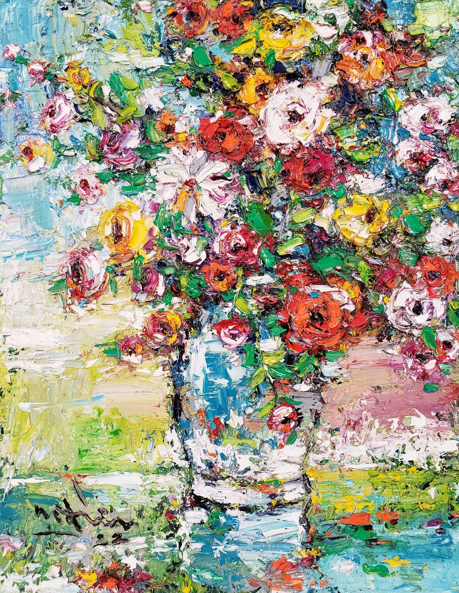 Impressionistic Botanical Oil Painting By Duc Tran, 14 X 18, Flowers Vase 4, Original Artwork