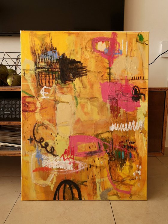 "The sun trail" - Abstract yellow painting for living room.