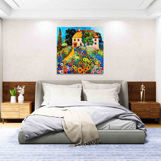 Sunny day with cozy house in colorful garden. Bright impressionistic fairytale floral landscape fantasy flowers. Hanging large positive relax naive fine art for home decor, inspiration by Matisse and Klimt