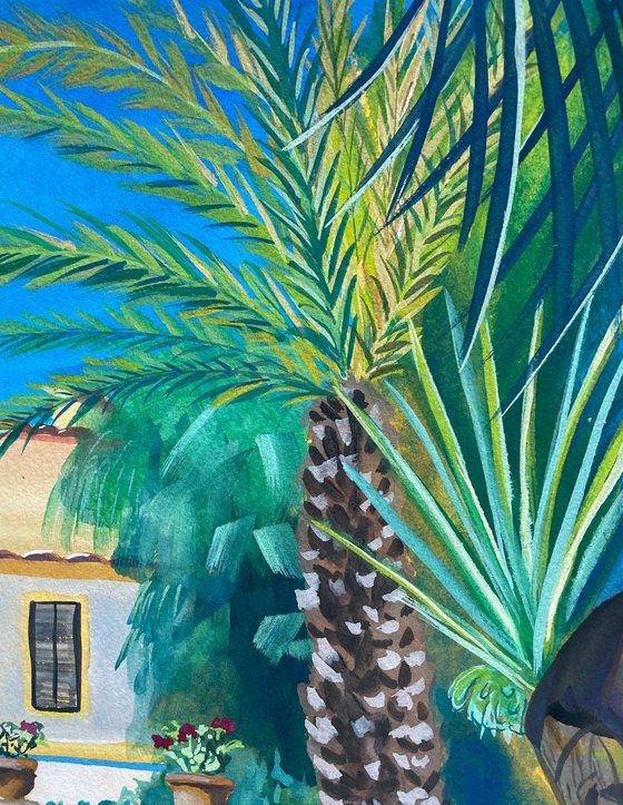 Garden Original Gouache Painting, Plants Illustration, Europe Wall Art, Spain Artwork, Travel Gift, Green Home Decor