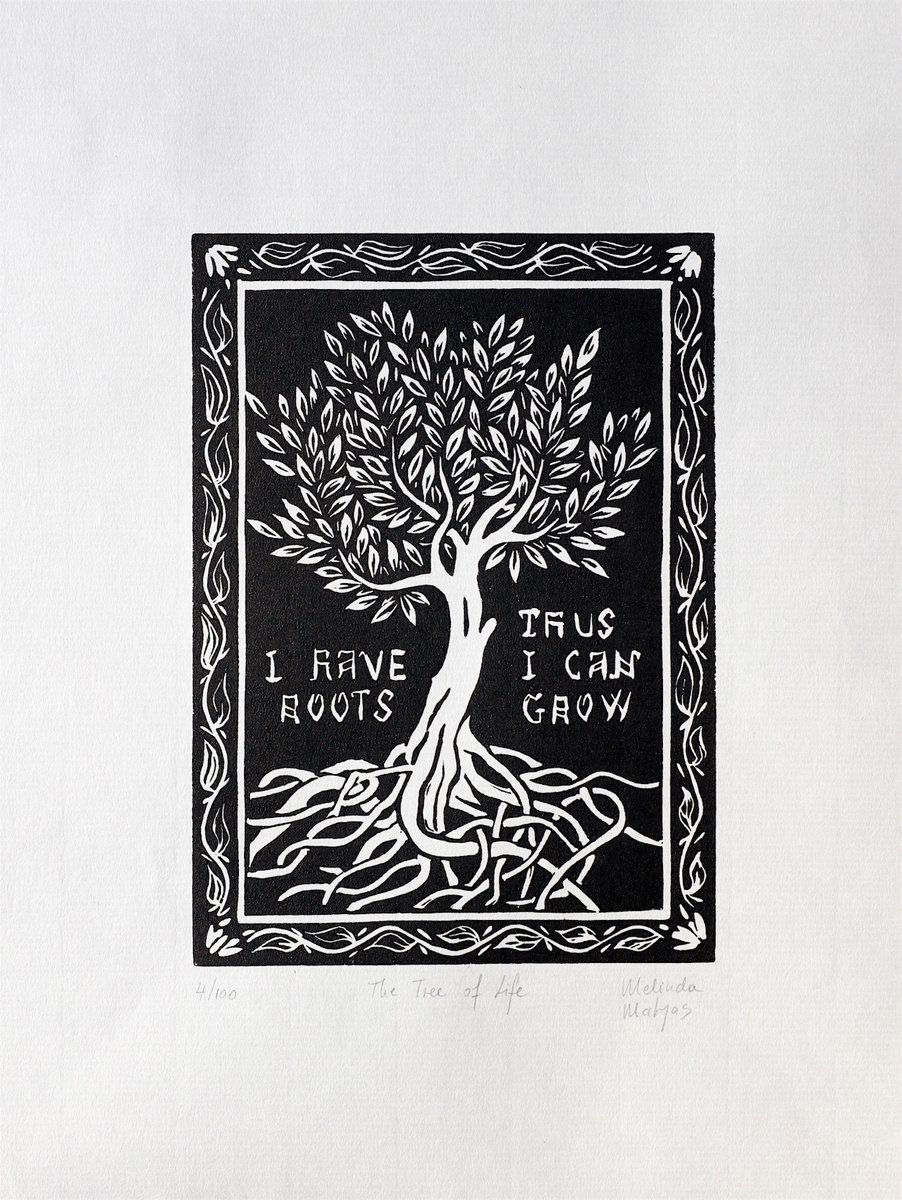 Illustrative Botanical Linocut By Melinda Matyas, 9 X 12", The Tree Of Life, Original Artwork