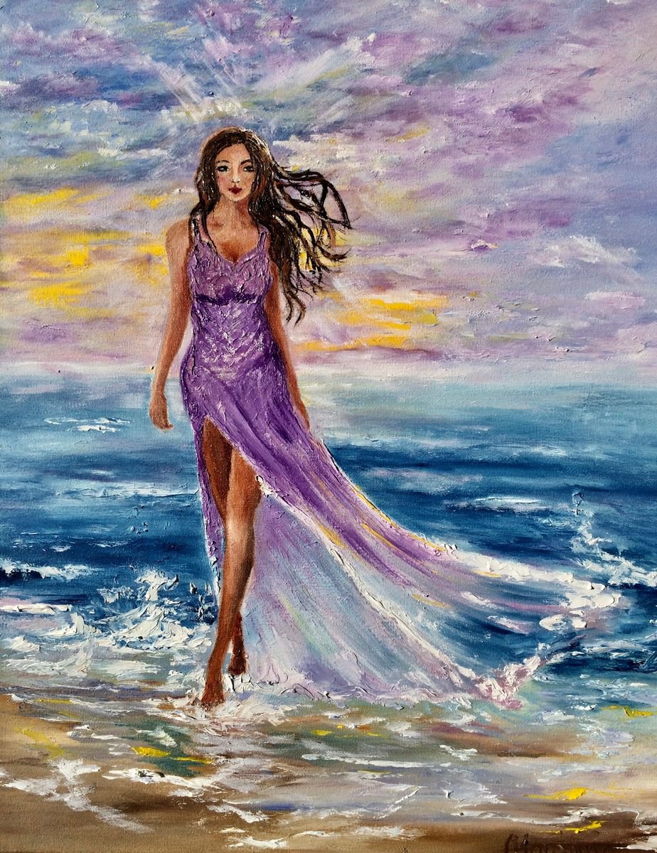 Impressionistic Portrait Oil Painting By Inna Montano, 16 X 20, Women By The Ocean. Gift Idea, Original Artwork