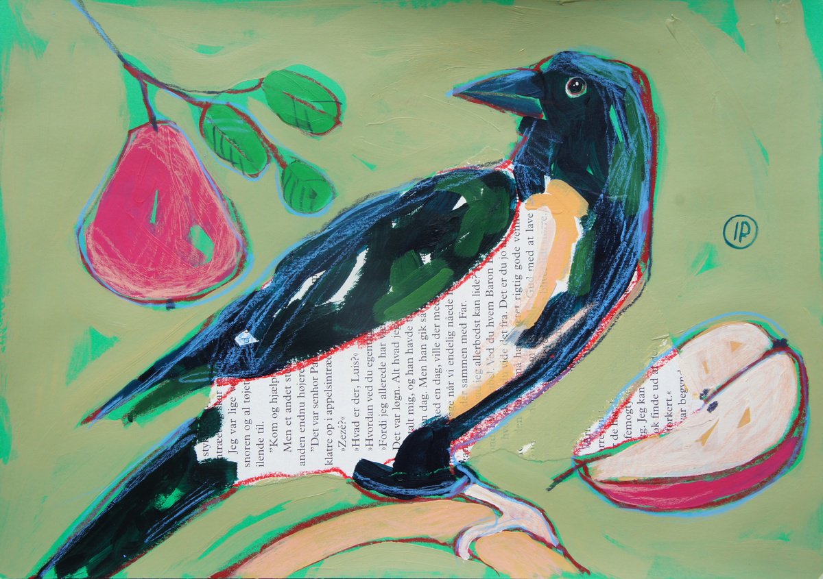 Impressionistic Animal Painting By Irina Plaksina, 12 X 8, Magpie And Pears, Original Artwork