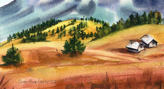 Autumn Symphony original watercolor autumn painting with mountains, gift idea