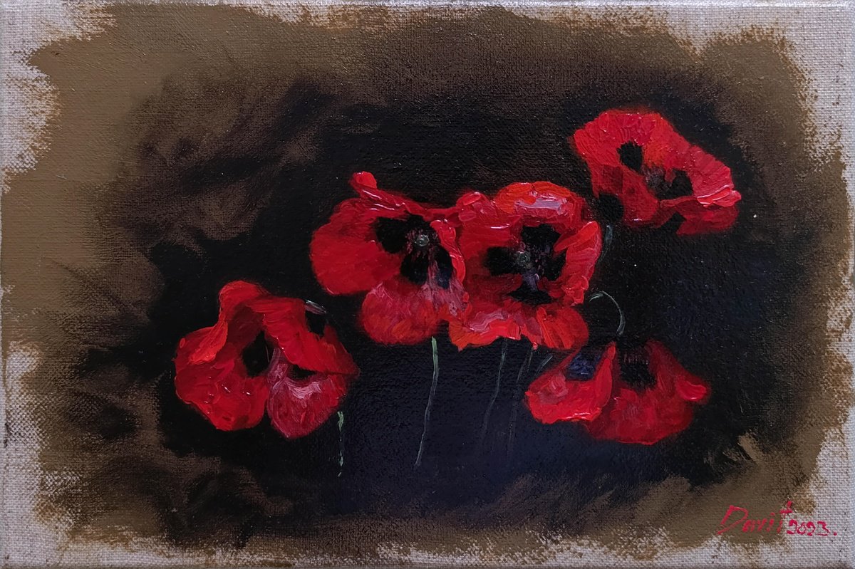Impressionistic Botanical Oil Painting By Davit Davtyan, 12 X 8, Small Poppies, Original Artwork