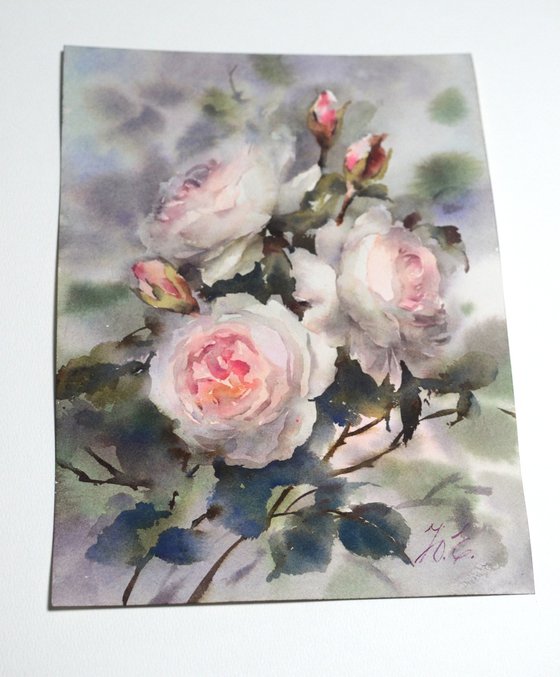 Watercolor roses on grey