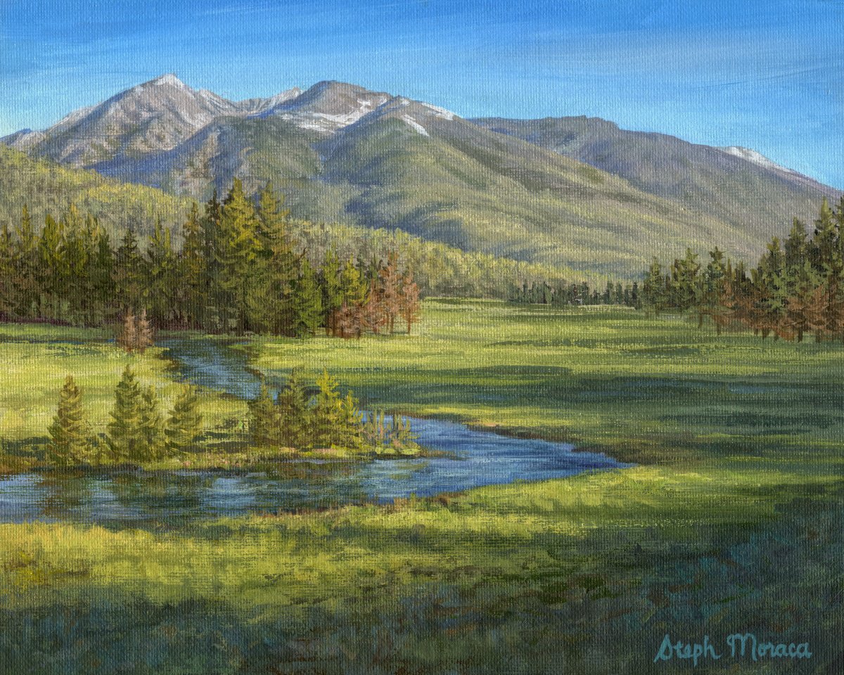 Photorealistic Landscape Acrylic Painting By Steph Moraca, 15 X 13", Calm Mountain Meadow, Original Artwork