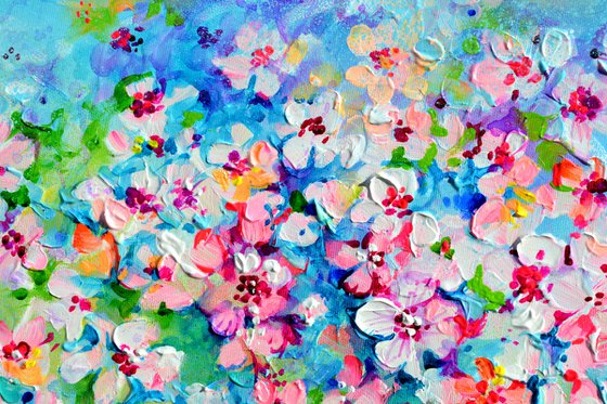 I've Dreamed 54 - Sakura Colorful Blossom - 120x40 cm, Palette Knife Modern Ready to Hang Floral Painting - Flowers Field Acrylics Painting