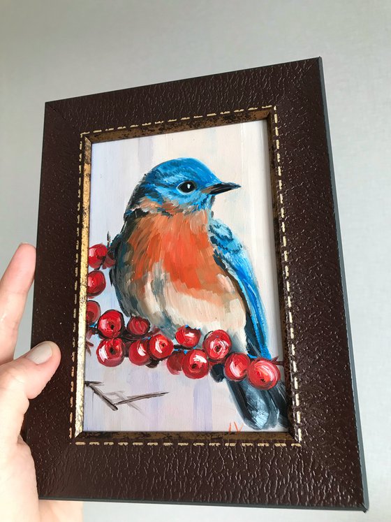 Bluebird painting mini art framed 14.5x20cm