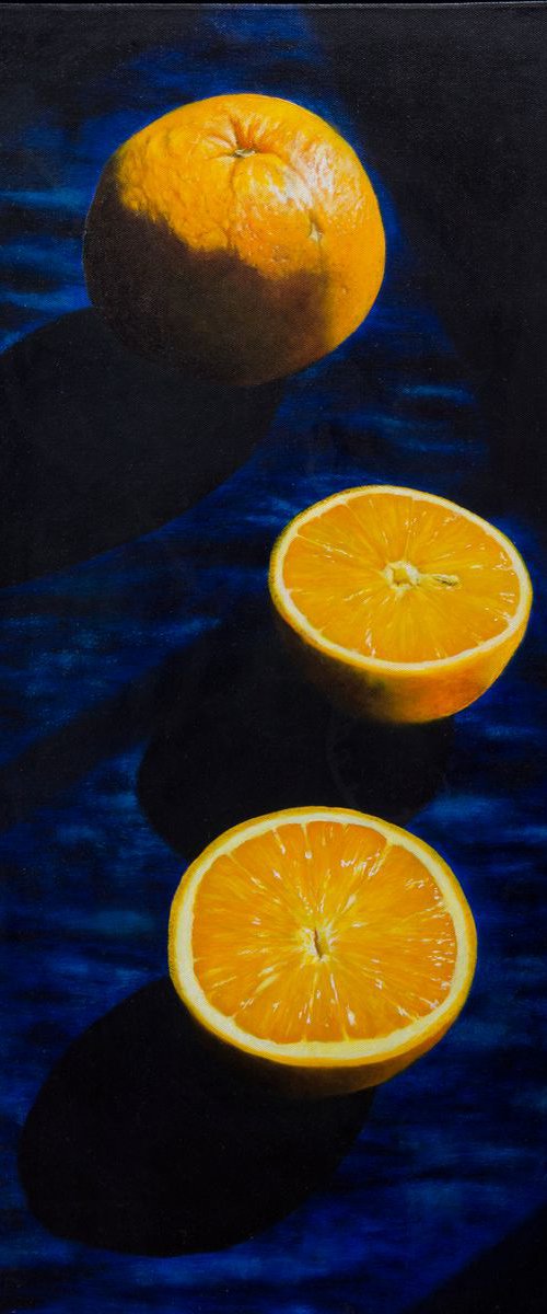 Two Oranges on Dark Blue Silk by Andrew McNeile Jones