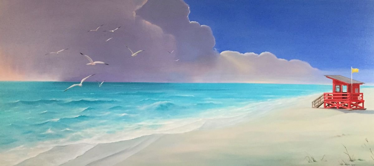 Photorealistic Landscape Oil Painting By Alexander Mikhalchyk, 71 X 31, Beach. Gulls., Original Artwork