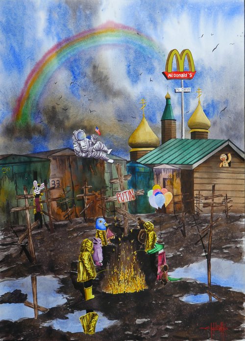 "End of dictatorship" 2022 Watercolor on paper 105x75 by Eugene Gorbachenko