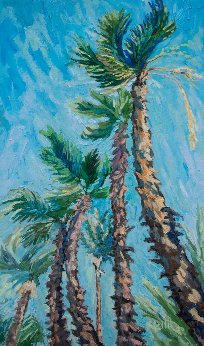 Impressionistic Landscape Oil Painting By Lilit Vardanyan, 16 X 28", Palms In Motion, Original Artwork