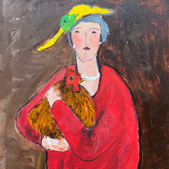 Modigliani Woman red dress chicken framed