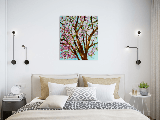 Apple blossom , spring in London pink, white, turquoise 61x71cm ready to hang oil painting