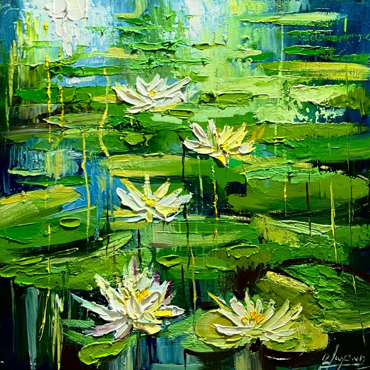 Impressionistic Botanical Oil Painting By Vahe Bagumyan, 16 X 16", Floating Lilies, Original Artwork