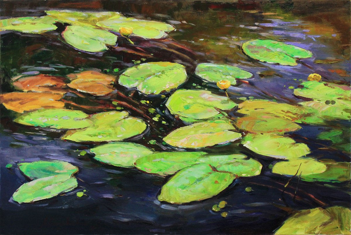 Impressionistic Botanical Oil Painting By Alisa Onipchenko-Cherniakovska, 47 X 31, Water Lilies, Original Artwork