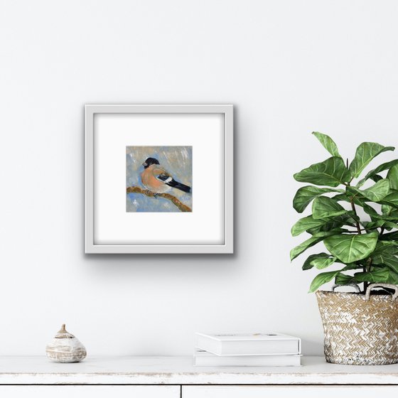 Bird oil painting - Bullfinch female small canvas art - Christmas gift for bird lover (2021)