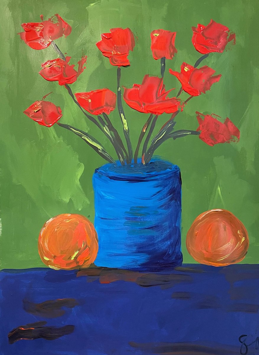 Abstract Botanical Acrylic Painting By Shelli Finch, 17 X 22", Poppies & 2 Oranges, Original Artwork