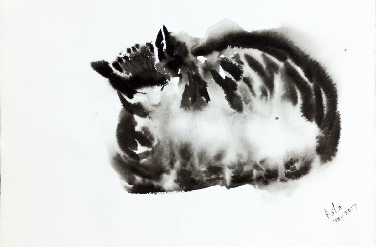 Impressionistic Watercolour , Cat Caught Napping By Asha Shenoy, 14 X 10, Artwork For Sale On Artfinder