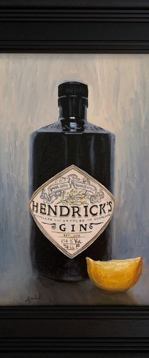 Hendrick's Gin bottle and lemon oil still life; Framed, ready to hang. by Jackie Smith