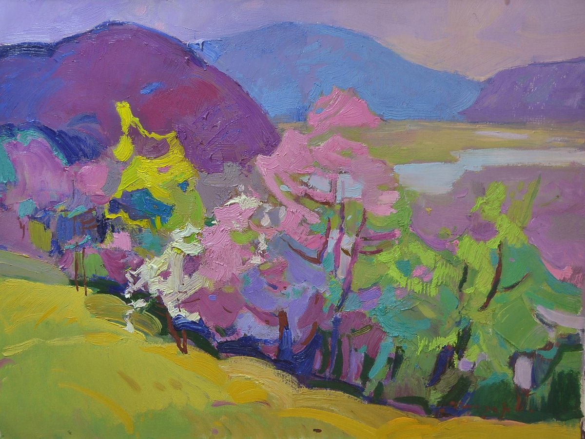 Impressionistic Landscape Oil Painting By Alexander Shandor, 28 X 20, Colorful Colors Of Spring, Original Artwork