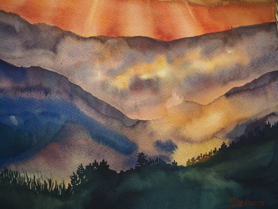 Sunset in the mountains  - original watercolor artwork