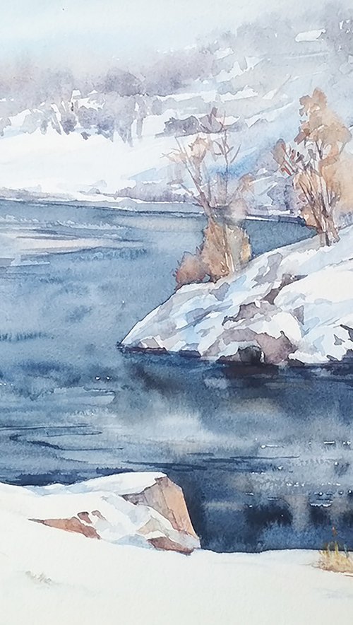 The River Ros'. Water and snow. Last winter day  / ORIGINAL watercolor 14x11in (38x28cm) by Olha Malko