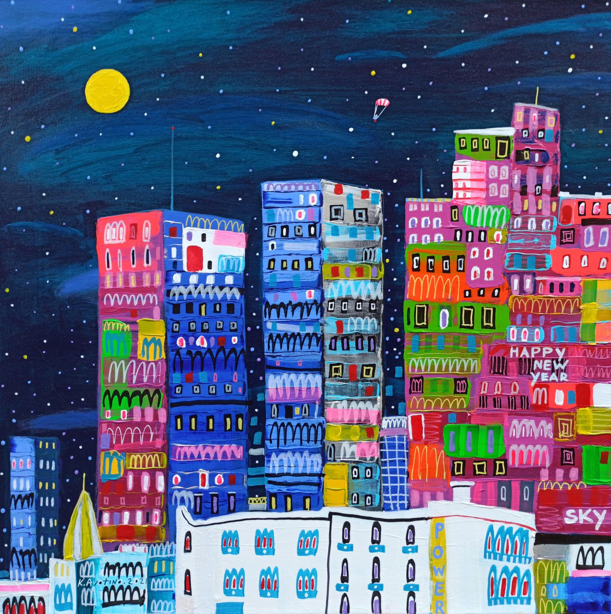 Impressionistic Cityscapes Acrylic Painting By Katrina Avotina, 24 X 24", Find A Hidden Star, Original Artwork