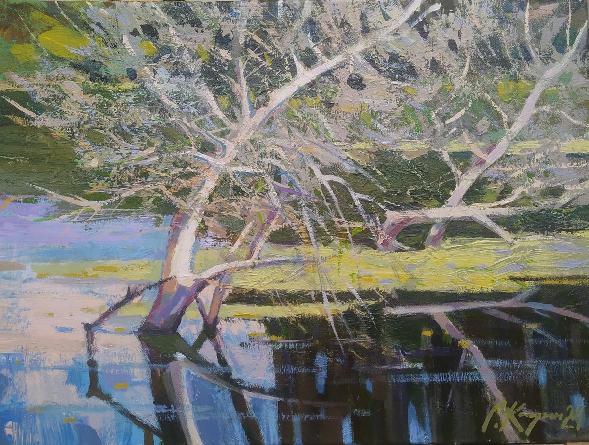 Impressionistic Landscape Acrylic Painting By Sergey Kachin, 24 X 18", On The River, Original Artwork