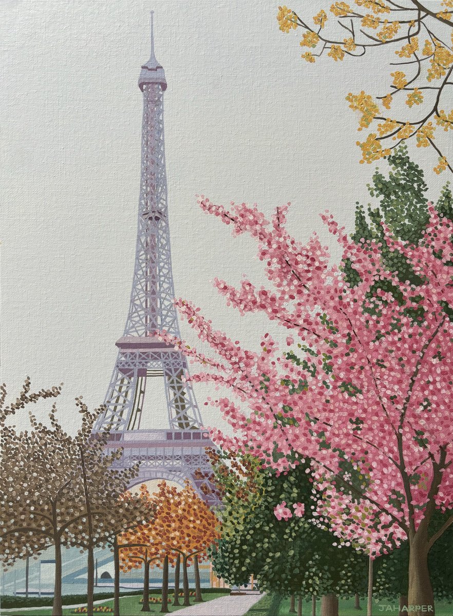Impressionistic Cityscapes Oil Painting By Jill Ann Harper, 14 X 18, Eiffel Tower With Blossom, Original Artwork