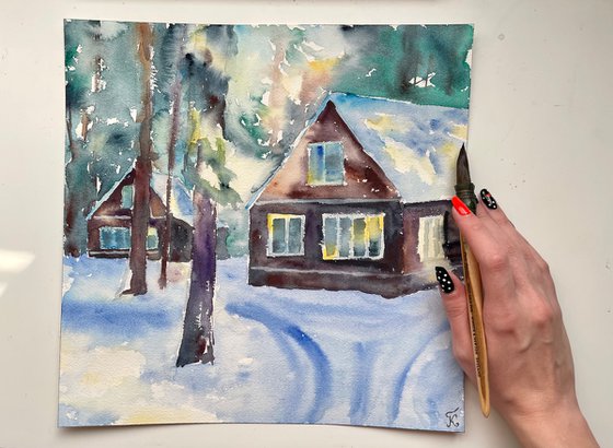 Winter Landscape Watercolor Painting, Snowy Forest Original Wall Art, Cozy Home Decor