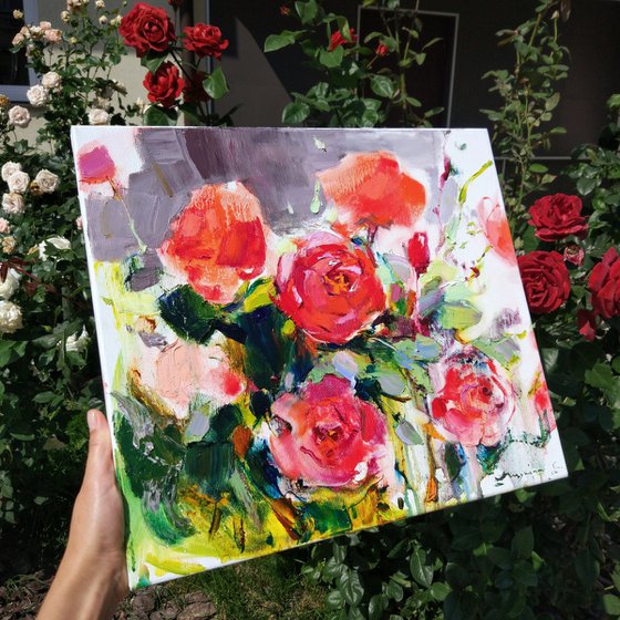 Scarlet roses . Ukrainian flowers . Intense colors. Original plein air oil painting