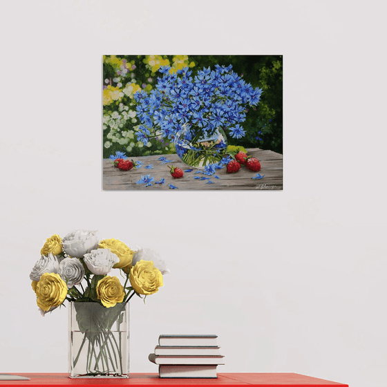 Sunlit Blue Cornflowers with Strawberries