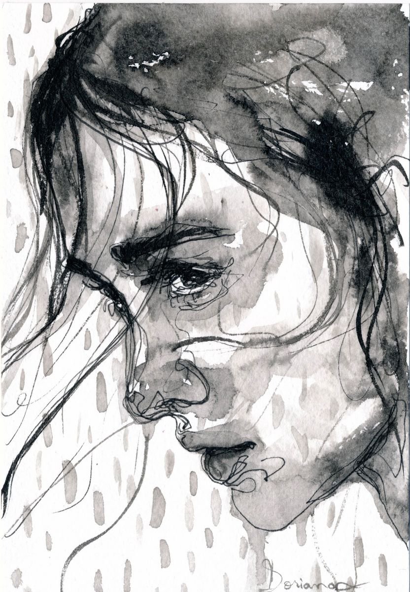 Expressive Portrait Ink Drawing By Doriana Popa, 5 X 7, Rainy, Original Artwork