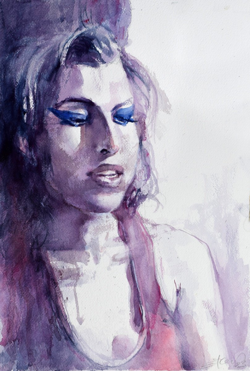 Expressive Portrait Watercolour By Goran Zigolic Watercolors, 15 X 22, Amy,Amy,Amy!11, Original Artwork