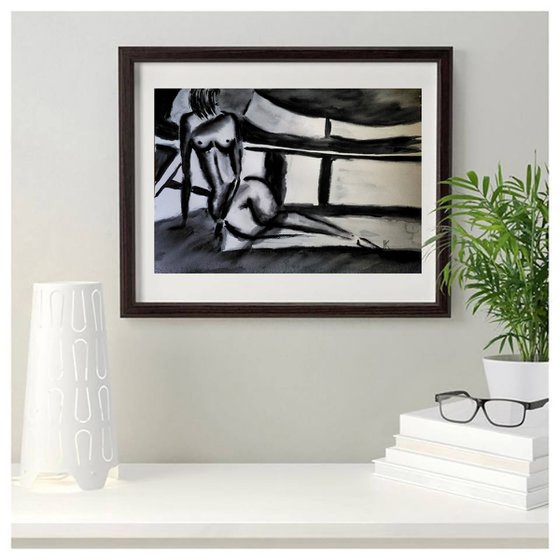 Nude Painting Woman Original Art Female Sitting Nude Black Monochrome Watercolor Painting Home Wall Art 20 by 14" by Halyna Kirichenko