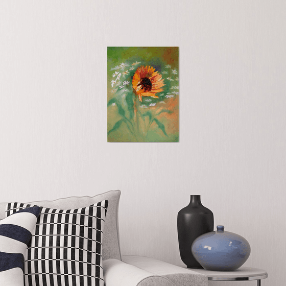In the wind. Sunflower original oil painting Floral artwork