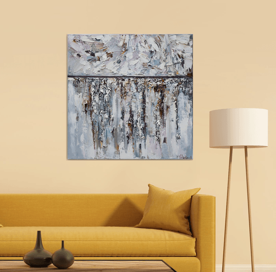 "Snow" white textured abstract Painting - 90 x 90 cm - Original oil painting