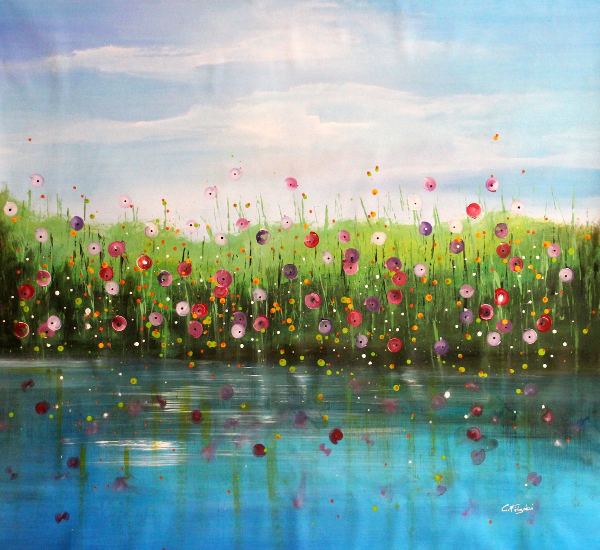 Impressionistic Landscape Acrylic Painting By Cecilia Frigati, 43 X 39, Riverstorm #14, Original Artwork