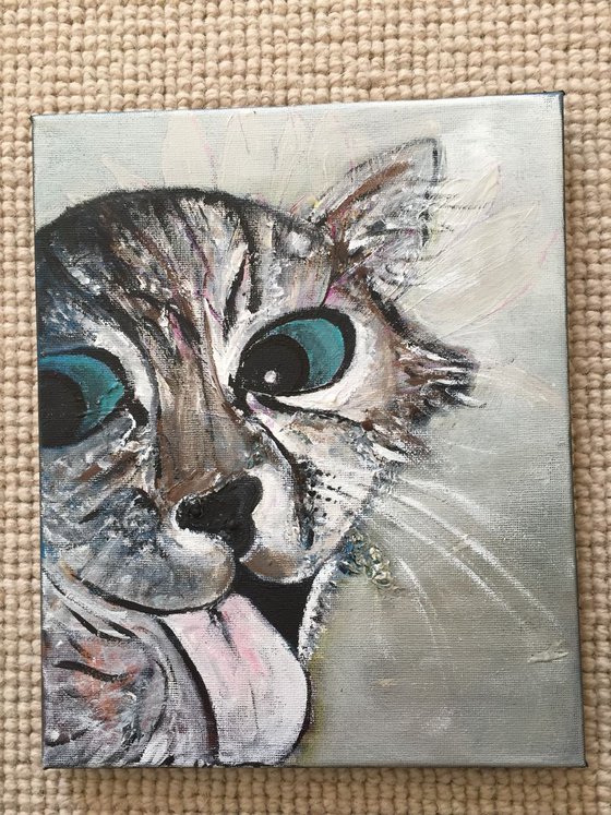 Cat II Tongue Out Acrylic on Canvas Animal Portrait Cats Small Paintings Gift Ideas Buy Art Online Art for Sale Original Paintings Cat Portraits Free Delivery