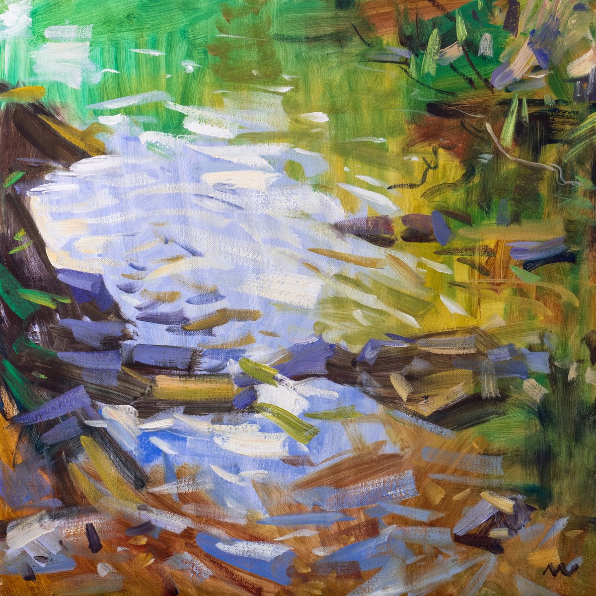 Impressionistic Landscape Oil Painting By Vasyl Moldavchuk, 14 X 14", Water Music, Original Artwork