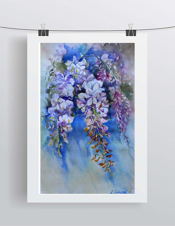 Watercolor flowers, original hand painting, Wisteria, floral fine art, wall art, apartment decor, gift for woman, artwork, nature, botanical
