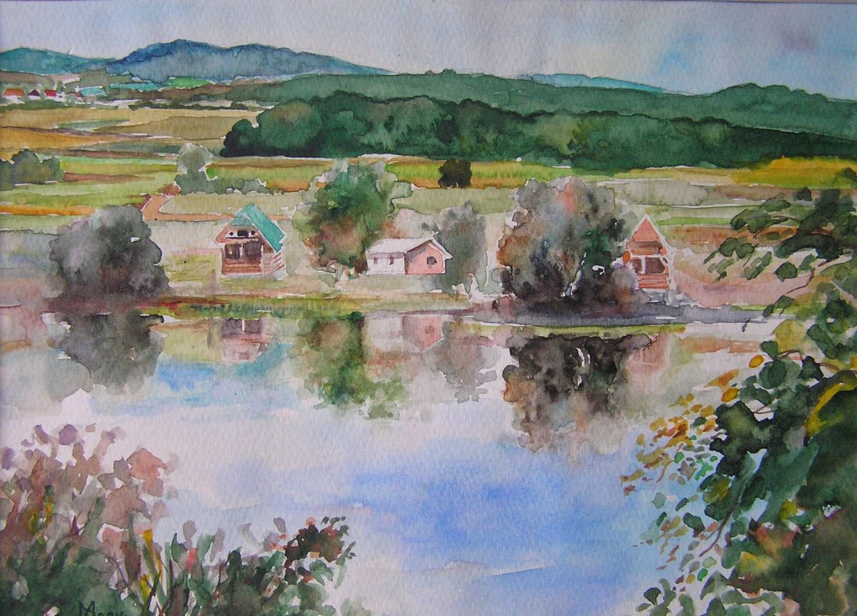Impressionistic Landscape Watercolour By Zoran Mihajlovic Muza, 11 X 8", Lake, Original Artwork
