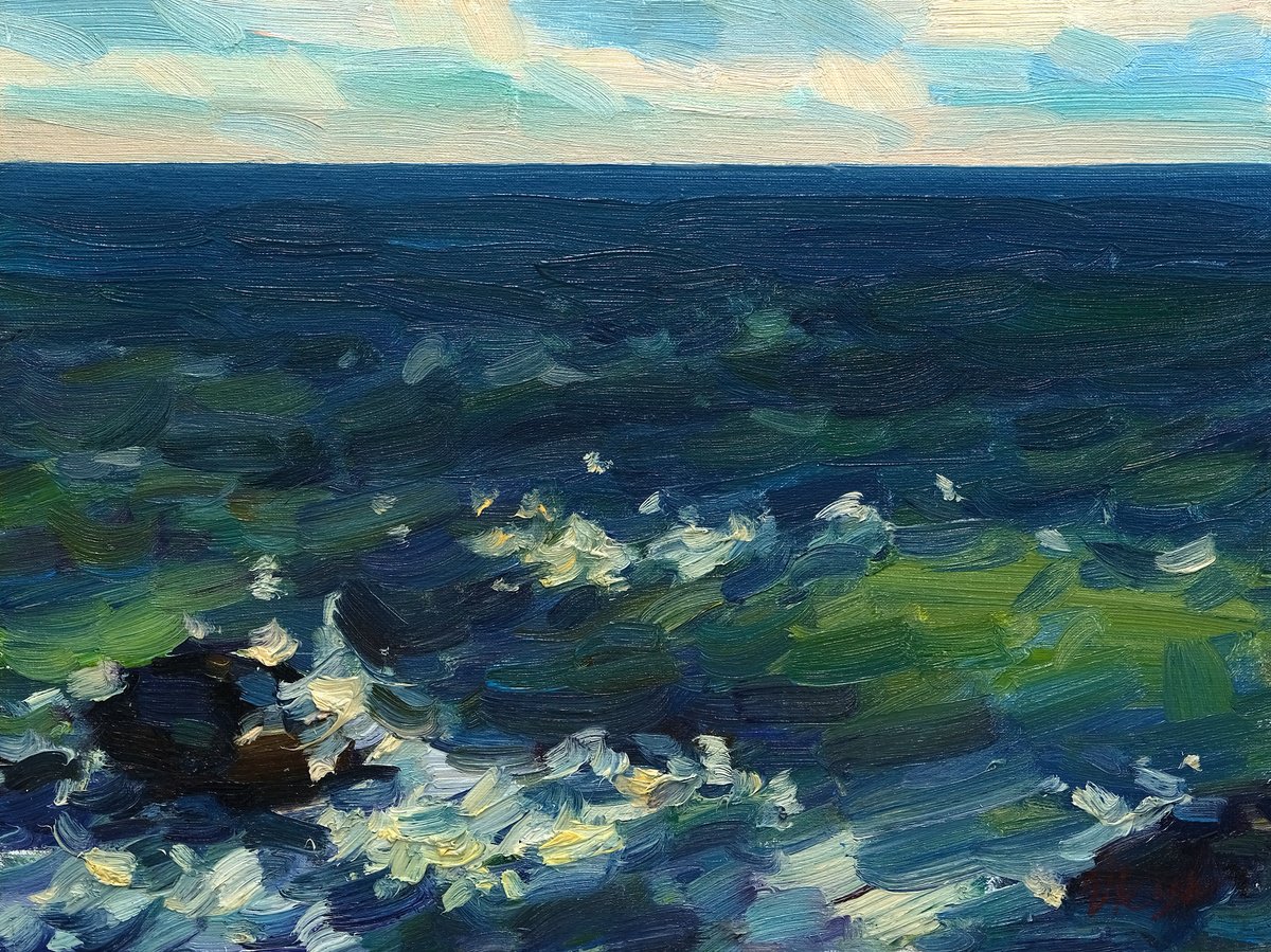 Impressionistic Landscape Oil Painting By Dmitry Oleyn, 16 X 12, Deep Black Sea, Original Artwork