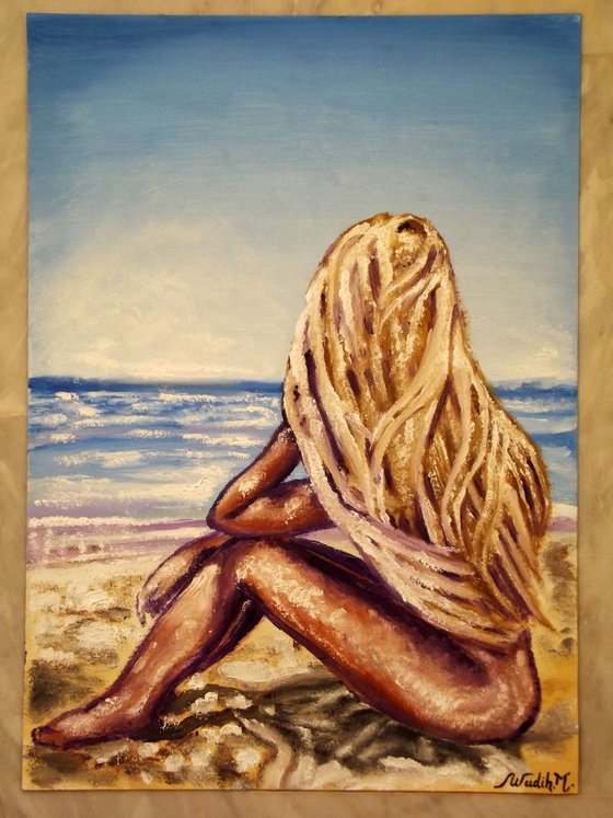 SEASIDE GIRL - SITTING BLOND - Oil painting (30x42cm)
