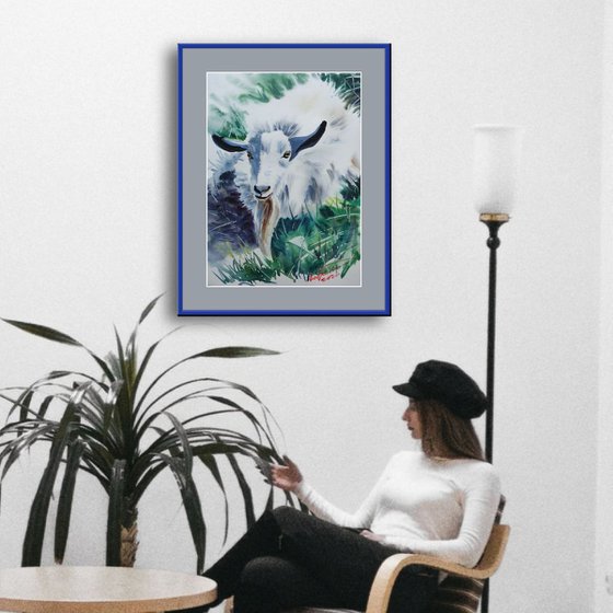 Goat Watercolor Painting, Farm Animal Portrait, Livestock Portrait, Animalist Aquarelle, Goat Painting in Water Colors, Farm House Wall Art Decor